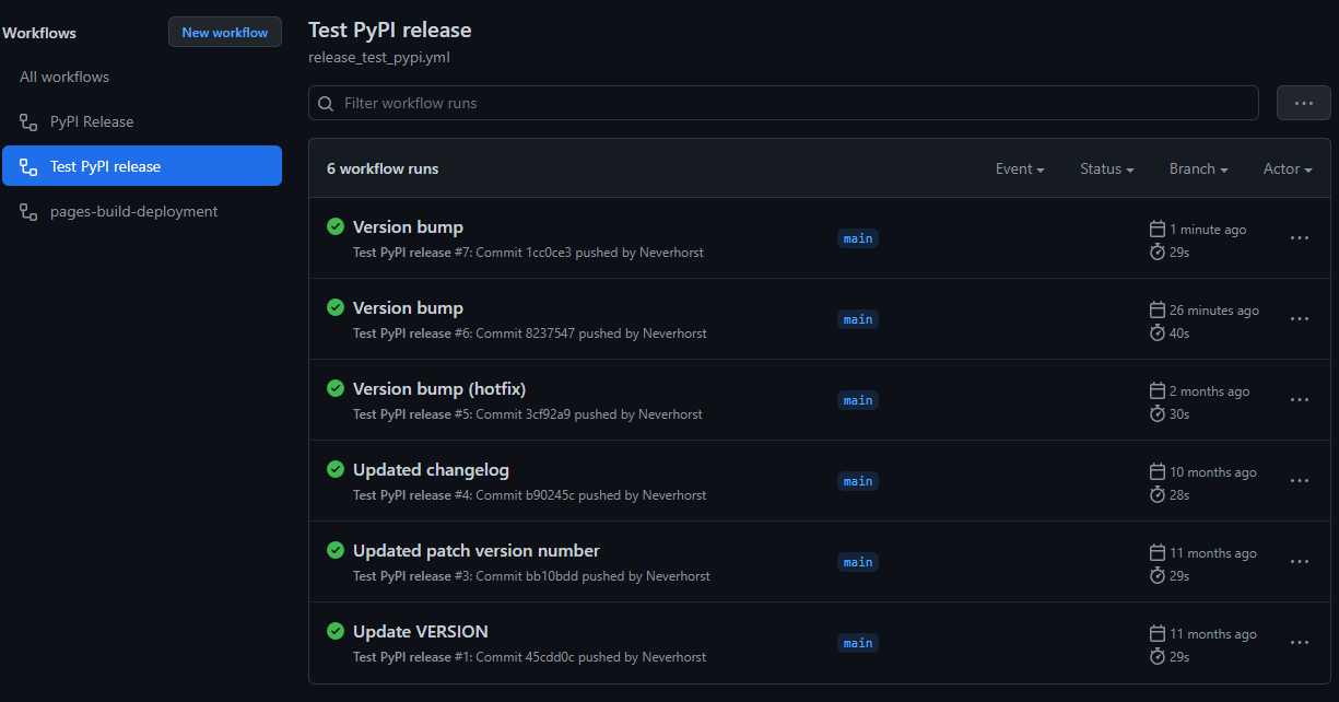 GitHub Actions test release screenshot